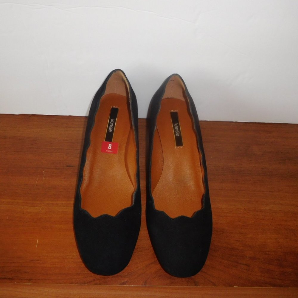 KENZIE BLACK SUEDE SCALLOP TRIM LOW HEEL SHOES